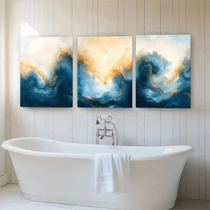 3pcs Modern Blue and Golden Fluid Perfect Wall Art Set Canvas Framed 40x60cm - High Quality Print 100% Australian Made Wall Canvas Ready to Hang
