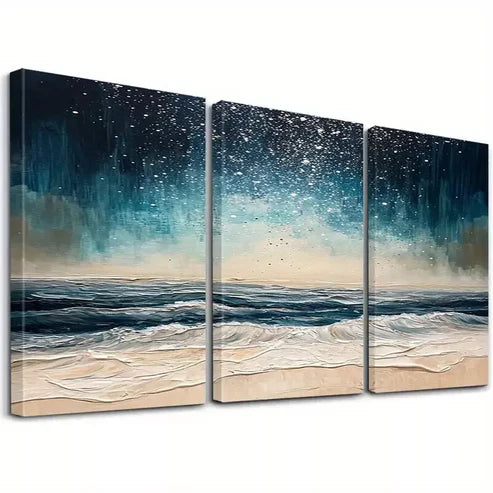 3pcs Abstract Night Beach Waves Classic Canvas Unframed - High Quality Print 100% Australian Made Wall Canvas