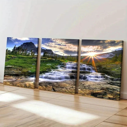 3pcs Mountains Streams Rising Sun Modern Wall Art Set Canvas Framed 40x60cm - High Quality Print 100% Australian Made Wall Canvas Ready to Hang