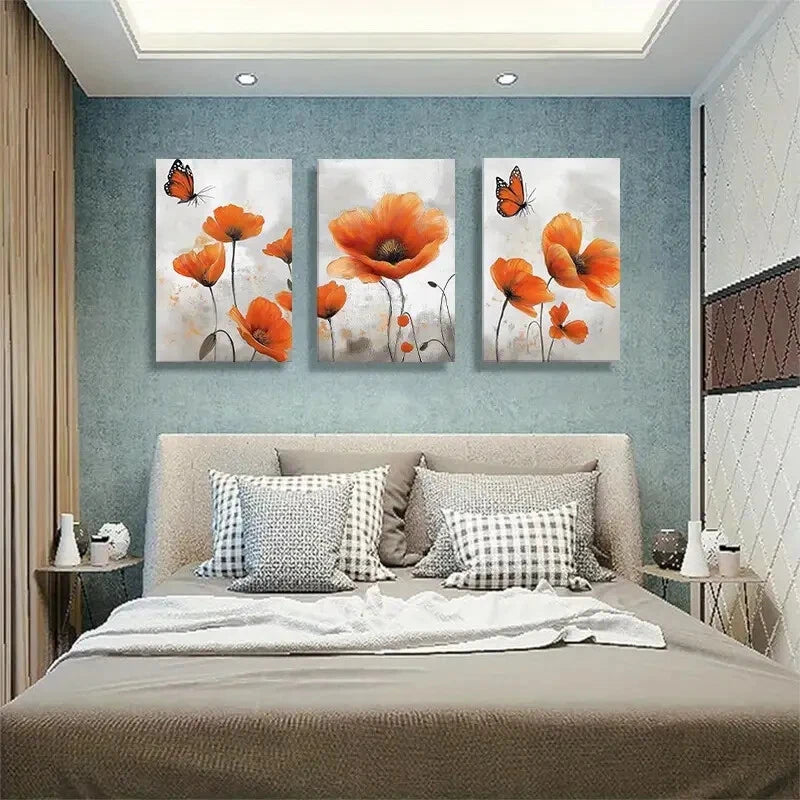 3pcs Vibrant Orange Poppy and Butterfly Metal Print Ready to Hang Art