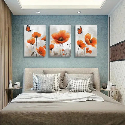 3pcs Vibrant Orange Poppy and Butterfly Metal Print Ready to Hang Art