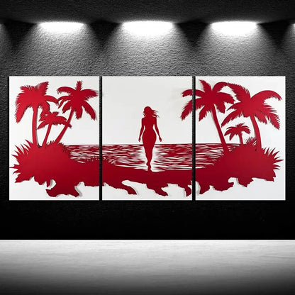 3pcs Women on The Beach Coconut Trees Metal Print Ready to Hang Art