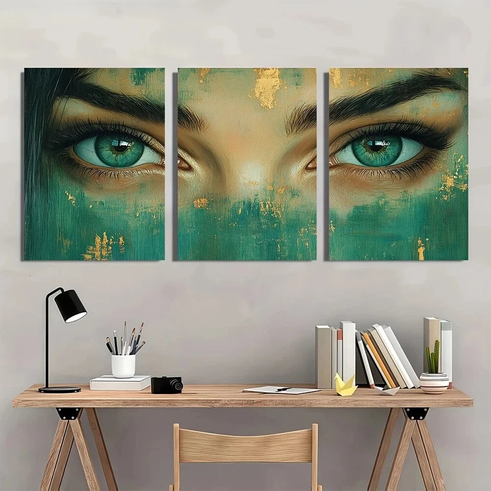 3pcs Vibrant Blue Eyes Golden Accents Metal Print Ready to Hang Art