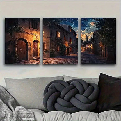 3pcs Vintage Night Scene Wall Art Set Canvas Framed 40x60cm - High Quality Print 100% Australian Made Wall Canvas Ready to Hang