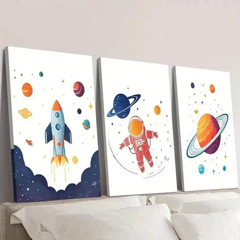 3pcs Astronaut With Rocket Floating in Space Wall Art Set Canvas Unframed - High Quality Print 100% Australian Made Wall Canvas