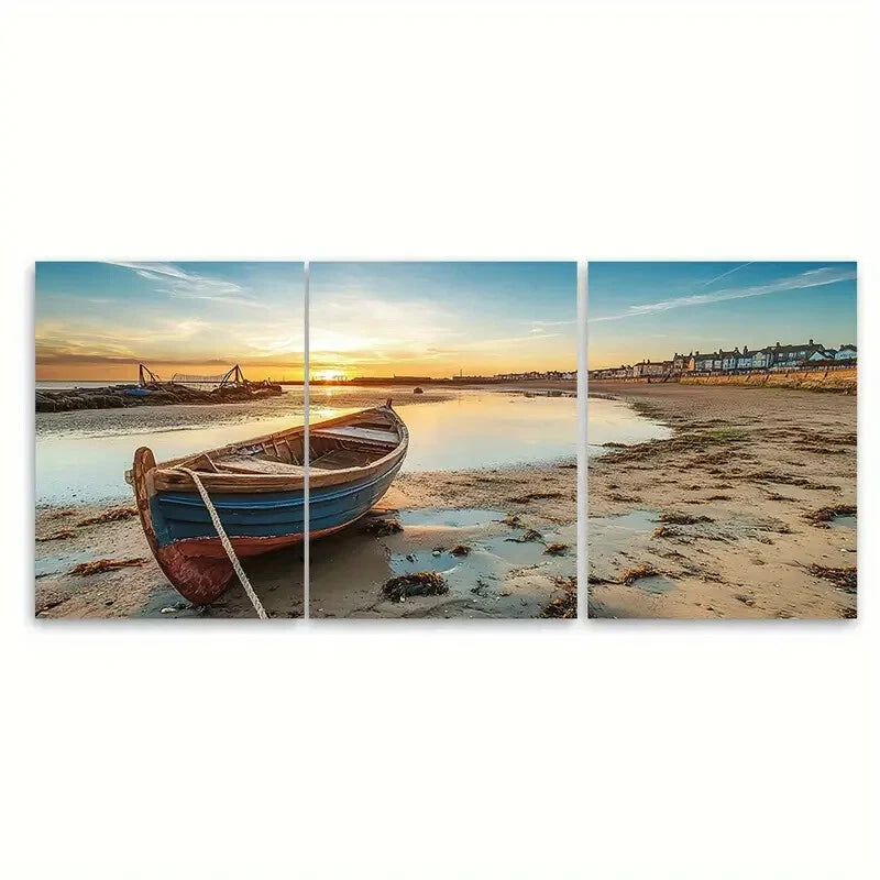 3pcs Featuring Serene Beach Scene with Boat Metal Print Ready to Hang Art