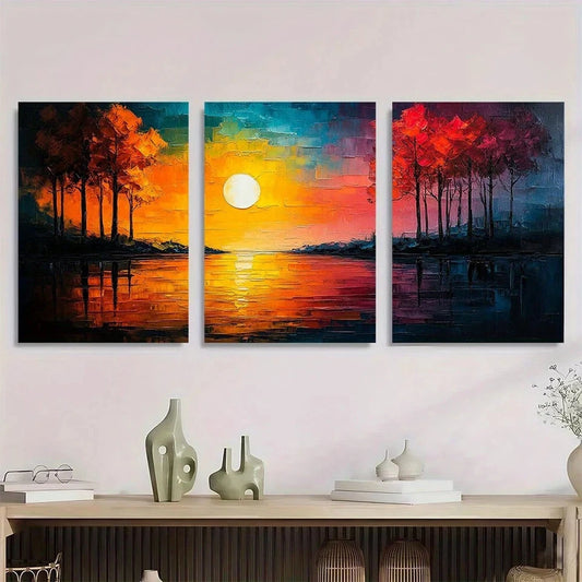 3pcs Modern Abstract Sunset Vibrant Orange Blue Metal Print Ready to Hang Art