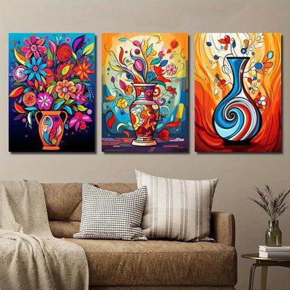 3pcs Abstract Plant and Flower Colorful Vase Metal Print Ready to Hang Art