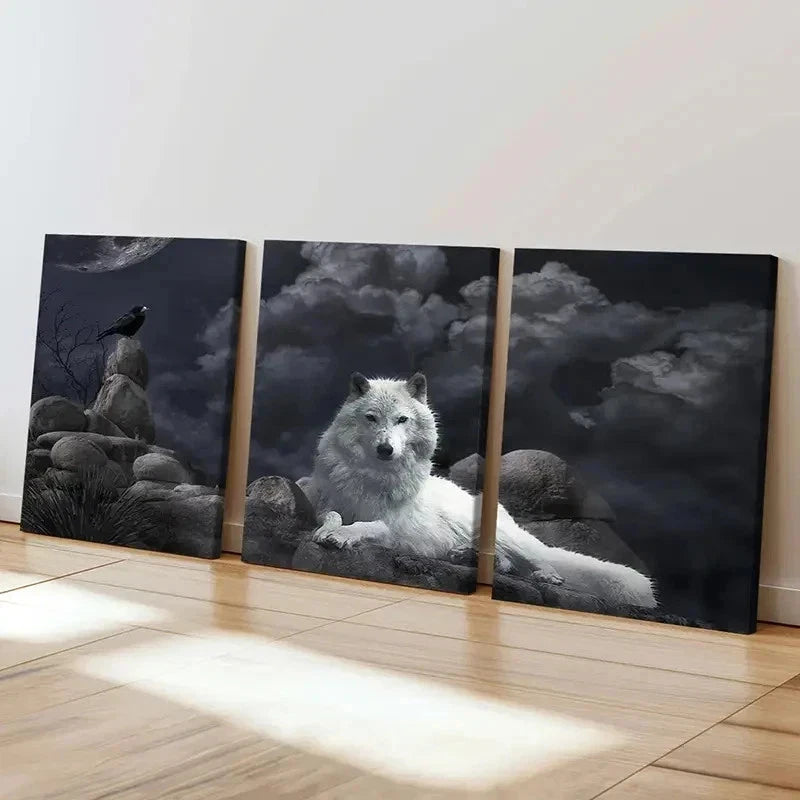 3pcs Wolf Crow Dark Style Vintage Wall Art Set Canvas Framed 40x60cm - High Quality Print 100% Australian Made Wall Canvas Ready to Hang