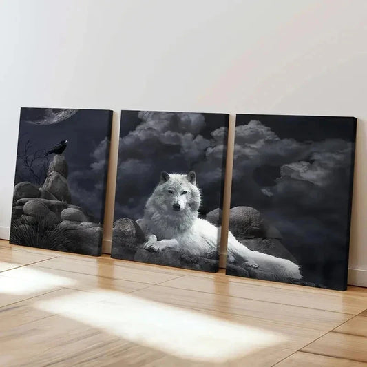 3pcs Wolf Crow Dark Style Vintage Wall Art Set Canvas Framed 40x60cm - High Quality Print 100% Australian Made Wall Canvas Ready to Hang