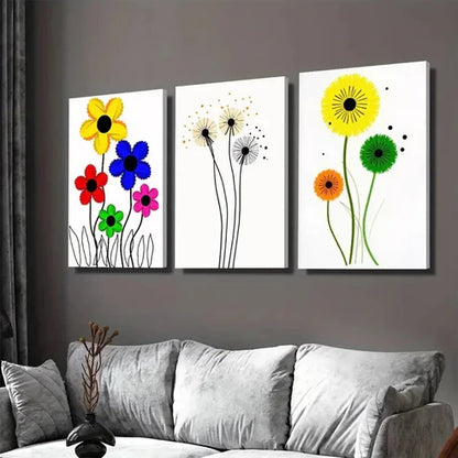 3pcs Vibrant Floral & Dandelion Colorful Flower Wall Art Set Canvas Unframed - High Quality Print 100% Australian Made Wall Canvas
