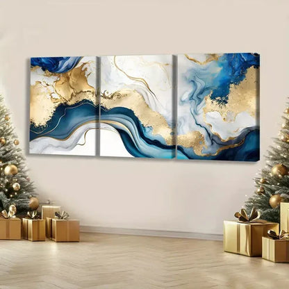 3pcs Abstract Swirls Of Painting In Colors Of Blue & Gold Wall Art Set Canvas Unframed - High Quality Print 100% Australian Made Wall Canvas