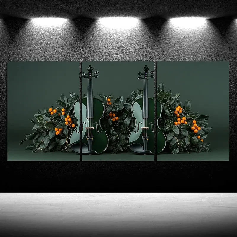 3pcs Chic Cello Trio Music Instruments Green Metal Print Ready to Hang Art