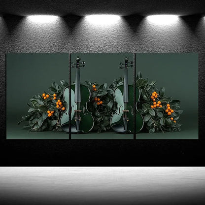 3pcs Chic Cello Trio Music Instruments Green Metal Print Ready to Hang Art