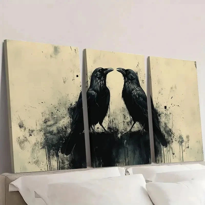 3pcs Black Crows Beige and Black Themed Wall Art Set Canvas Framed 40x60cm - High Quality Print 100% Australian Made Wall Canvas Ready to Hang