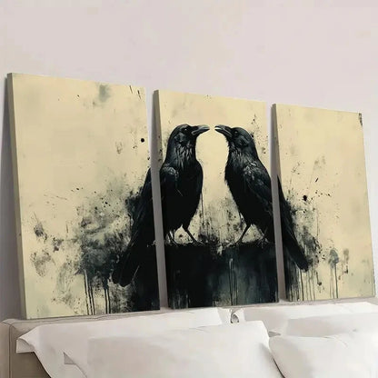 3pcs Black Crows Beige and Black Themed Wall Art Set Canvas Framed 40x60cm - High Quality Print 100% Australian Made Wall Canvas Ready to Hang