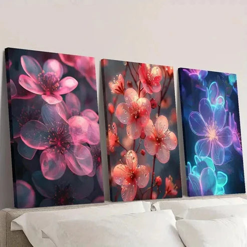 3pcs Pink & Purple Flowers on Dark Background  Wall Art Set Canvas Unframed - High Quality Print 100% Australian Made Wall Canvas
