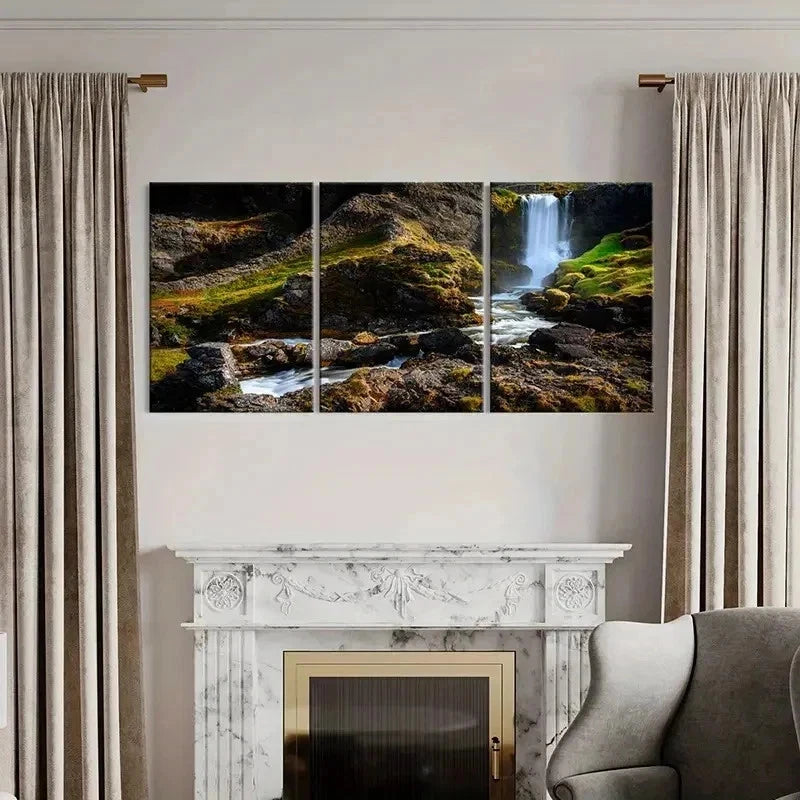 3pcs Creek Mountains and Waterfall Wall Art Set Canvas Framed 40x60cm - High Quality Print 100% Australian Made Wall Canvas Ready to Hang