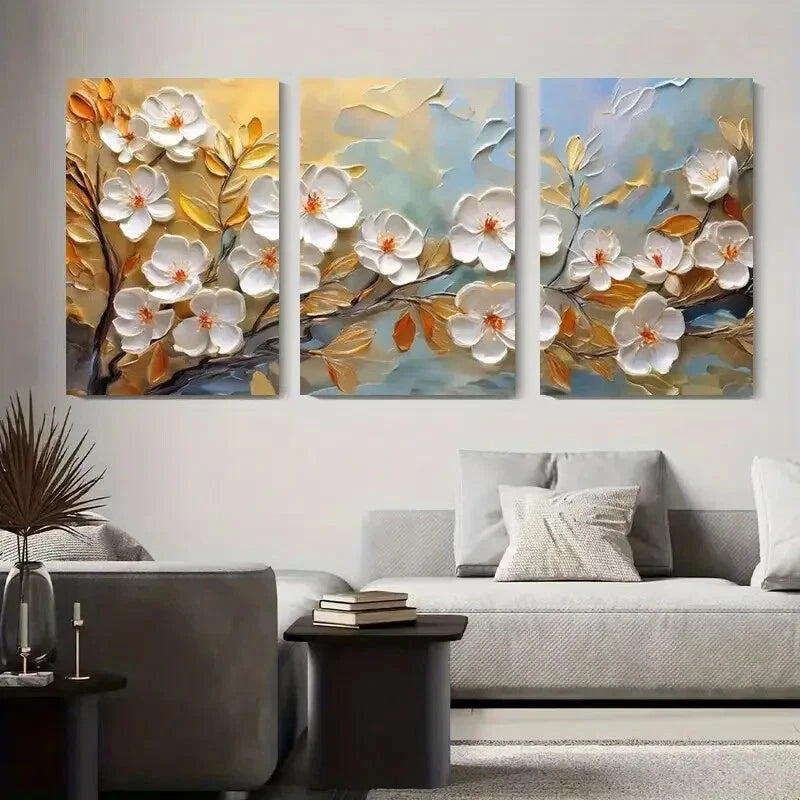 3pcs Elegant 3D Magnolia Flower Floral Metal Print Ready to Hang Art