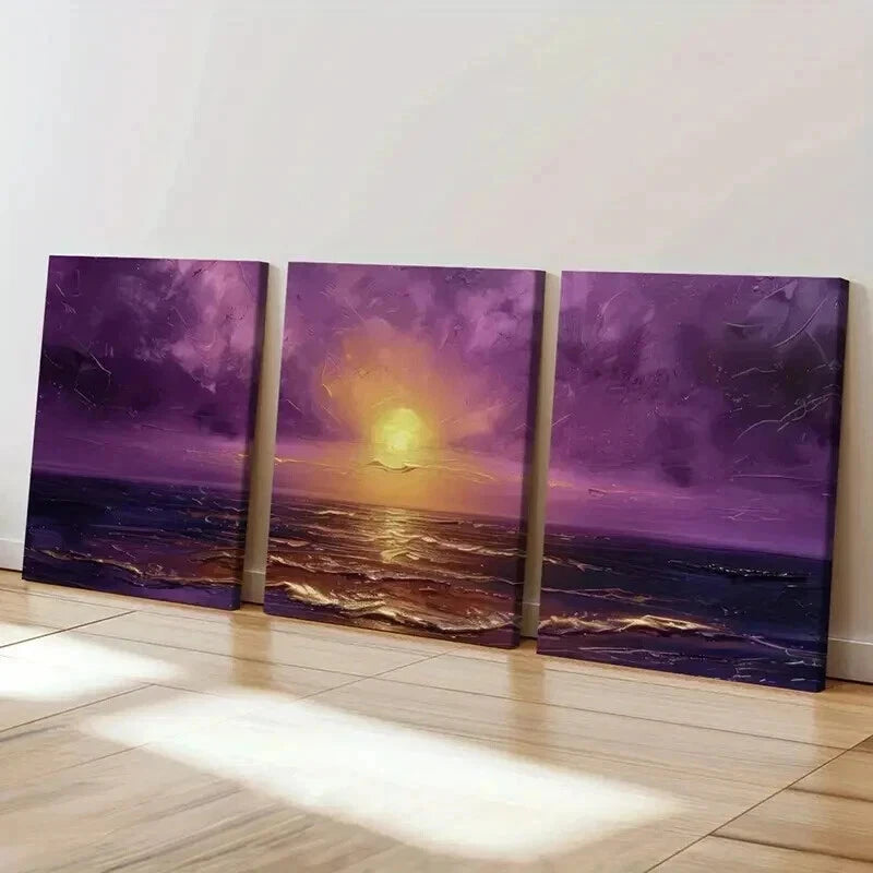 3pcs Sunset Over The Sea Purple Sky Golden Sun Wall Art Set Canvas Framed 40x60cm - High Quality Print 100% Australian Made Wall Canvas Ready to Hang
