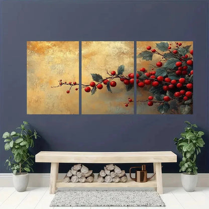 3pcs Golden-Toned Holly Branches with Red Berries Metal Print Ready to Hang Art