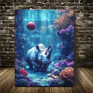 Whimsical Rhino Underwater Scene with Coral Reef 40x60cm Metal Print Ready to Hang