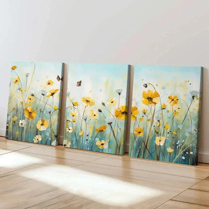 3pcs Meadow with Yellow Daisies & Butterflies Wall Art Set Canvas Framed 40x60cm - High Quality Print 100% Australian Made Wall Canvas Ready to Hang