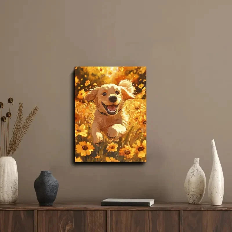 Golden Retriever Dog Woven Floral Field Painting 40x60cm Metal Print Ready to Hang