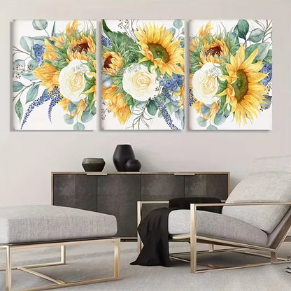 3pcs Sunflower Bohemian Floral Decor  Wall Art Set Canvas Framed 50x70cm - High Quality Print 100% Australian Made Wall Canvas Ready to Hang