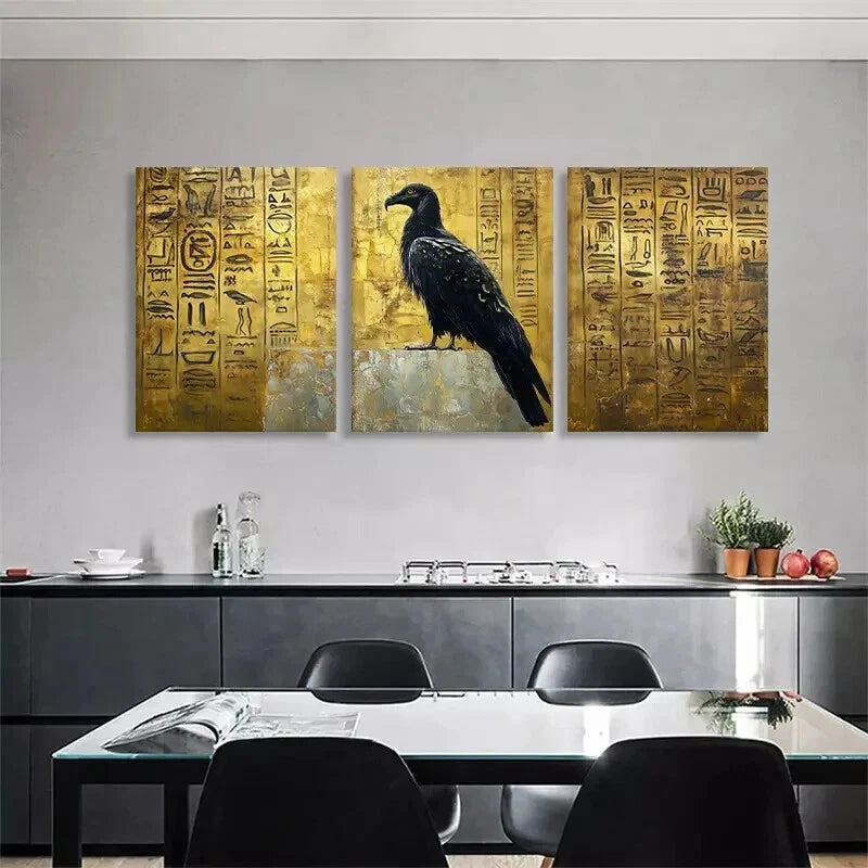 3pcs Ancient Egyptian Raven Golden Perfect Wall Art Set Canvas Framed 40x60cm - High Quality Print 100% Australian Made Wall Canvas Ready to Hang