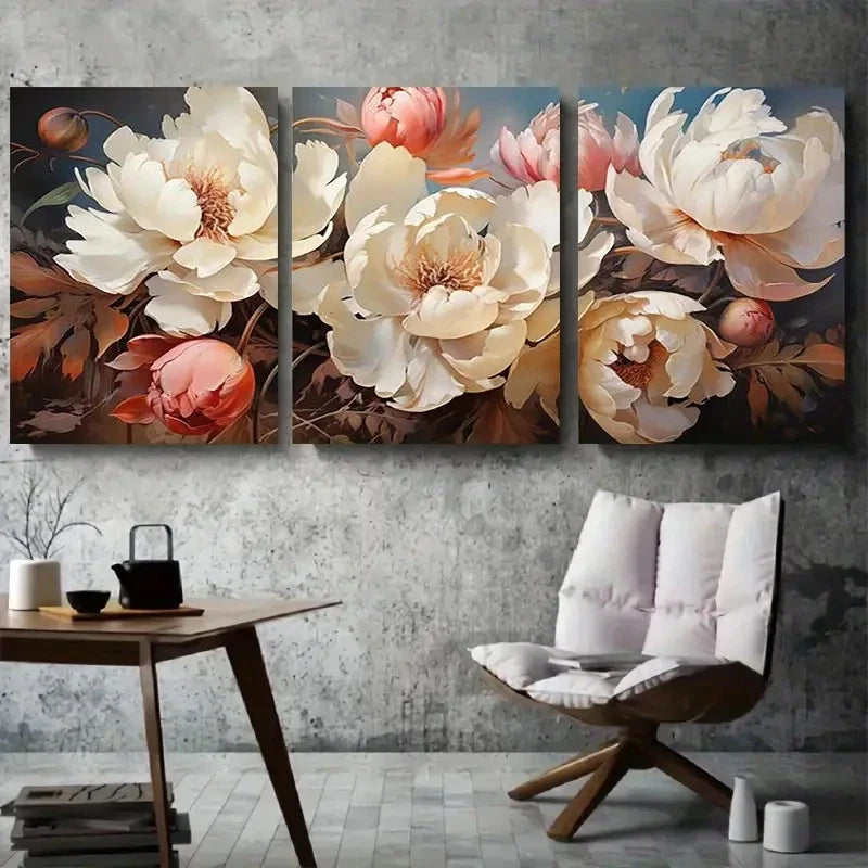 3pcs Elegant White Peony Bouquet Metal Print Ready to Hang Art