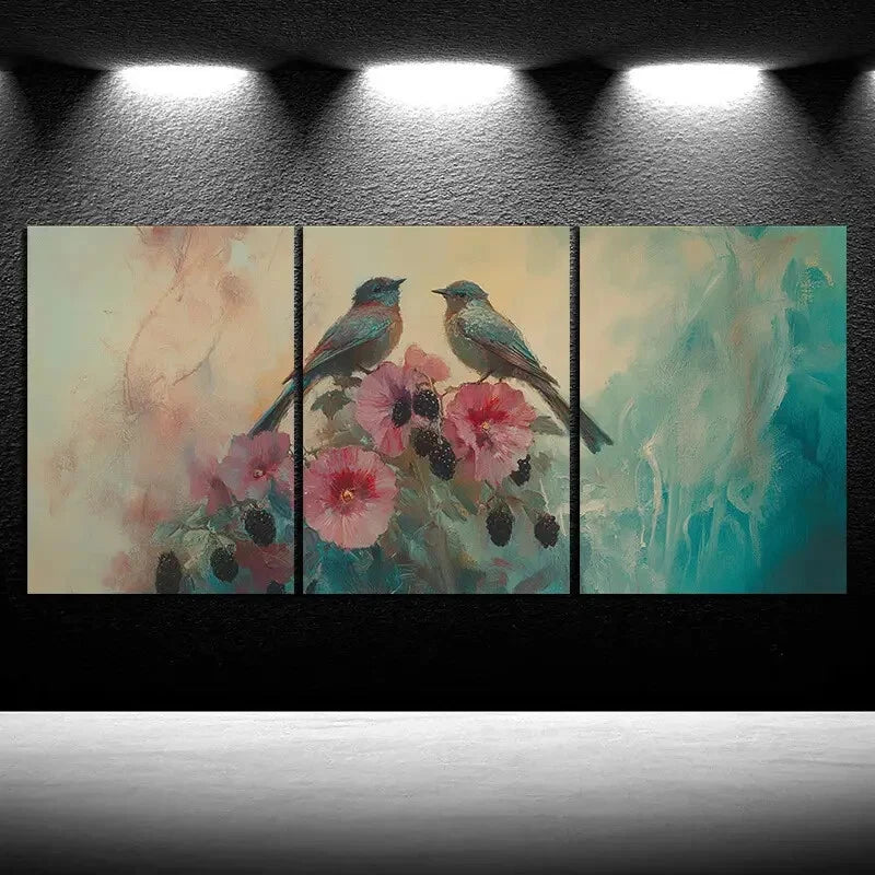 3pcs Birds Themed on Blackberry Flowers Metal Print Ready to Hang Art