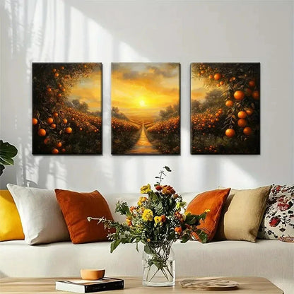 3pcs Golden Sunset View with Lush Fruit Trees Metal Print Ready to Hang Art