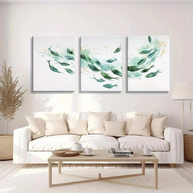 3pcs Abstract Ocean Green Blue Fish Metal Print Ready to Hang Art