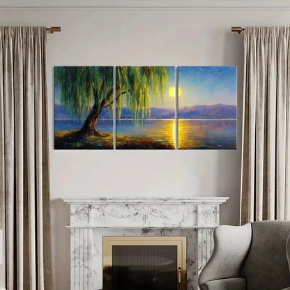 3pcs Moonlit Willow Tree Serene Lake Reflection Wall Art Set Canvas Framed 60x90cm - High Quality Print 100% Australian Made Wall Canvas Ready to Hang