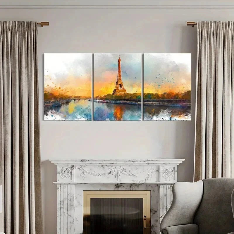 3pcs Eiffel Tower Paris Skyline Watercolor Metal Print Ready to Hang Art