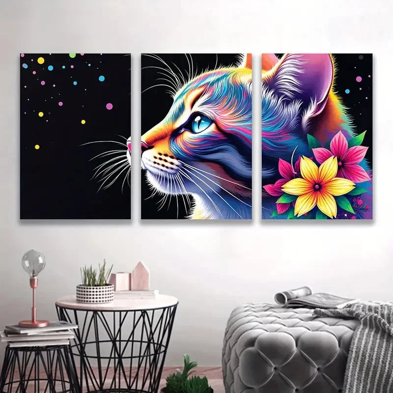 3pcs Colorful Cats I and Flowers Wall Art Set Canvas Framed 50x70cm - High Quality Print 100% Australian Made Wall Canvas Ready to Hang