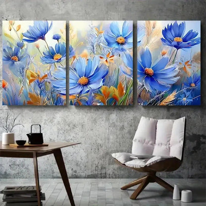 3pcs Blue and Orange Vibrant Wildflower Metal Print Ready to Hang Art