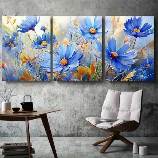 3pcs Blue and Orange Vibrant Wildflower Metal Print Ready to Hang Art