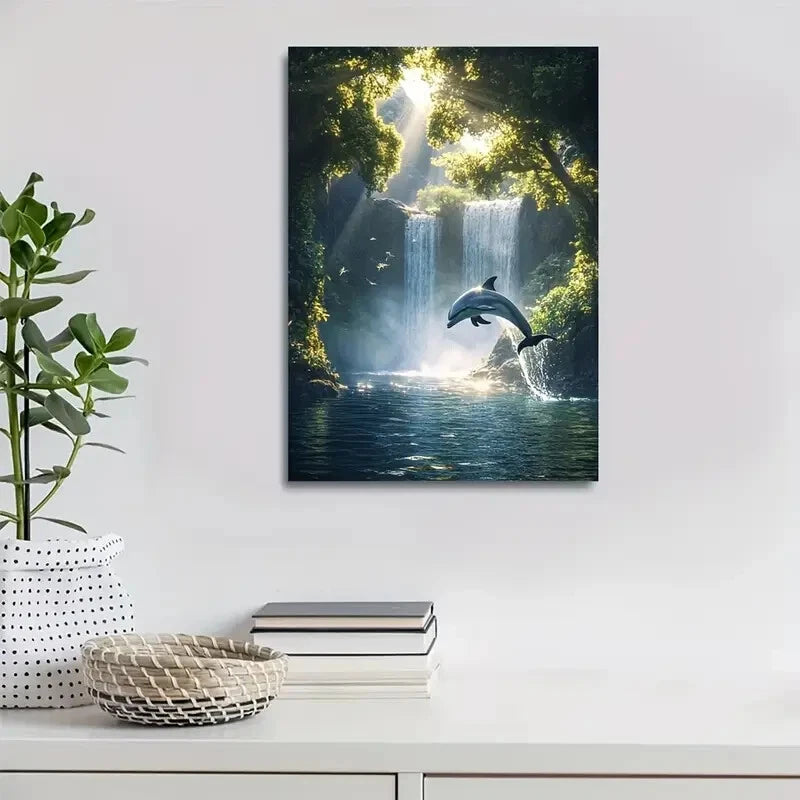 Enchanting Dolphin Fantasy Scene with Sunlit Waterfall  40x60cm Metal Print Ready to Hang