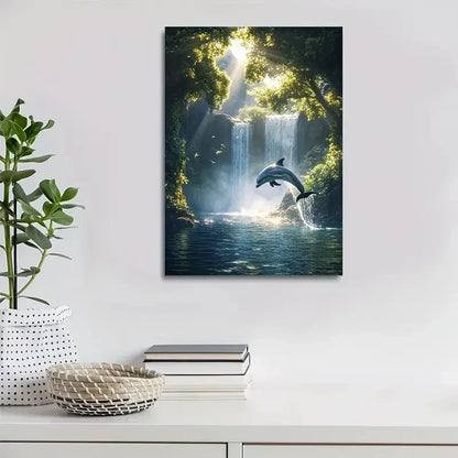 Enchanting Dolphin Fantasy Scene with Sunlit Waterfall  40x60cm Metal Print Ready to Hang