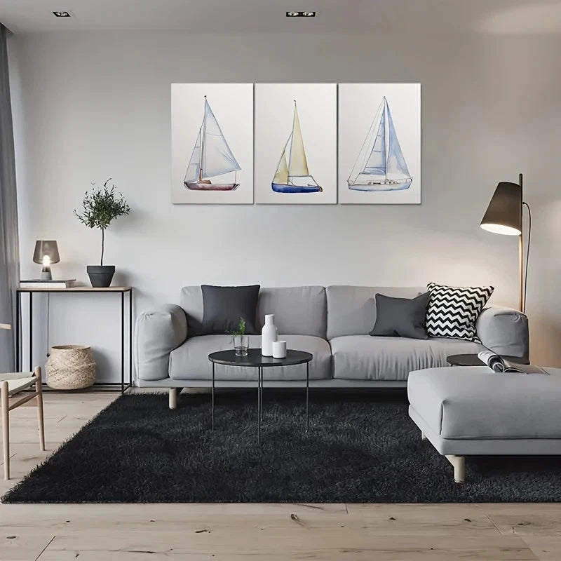 3pcs Abstract Watercolor Sailboat Metal Print Ready to Hang Art