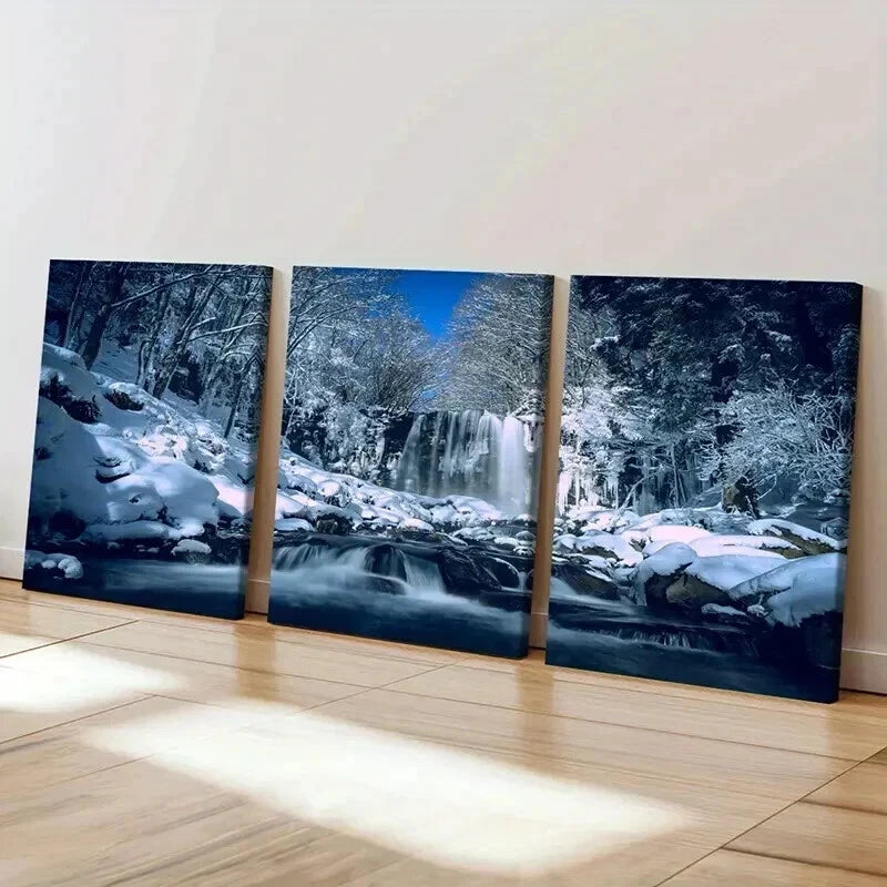 3pcs Winter Snow Scene Waterfall Modern Wall Art Set Canvas Framed 40x60cm - High Quality Print 100% Australian Made Wall Canvas Ready to Hang