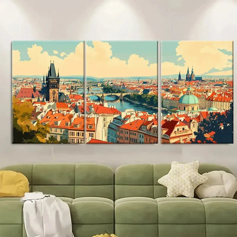 3pcs Prague Cityscape Panels with Iconic Metal Print Ready to Hang Art