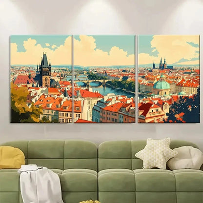 3pcs Prague Cityscape Panels with Iconic Metal Print Ready to Hang Art
