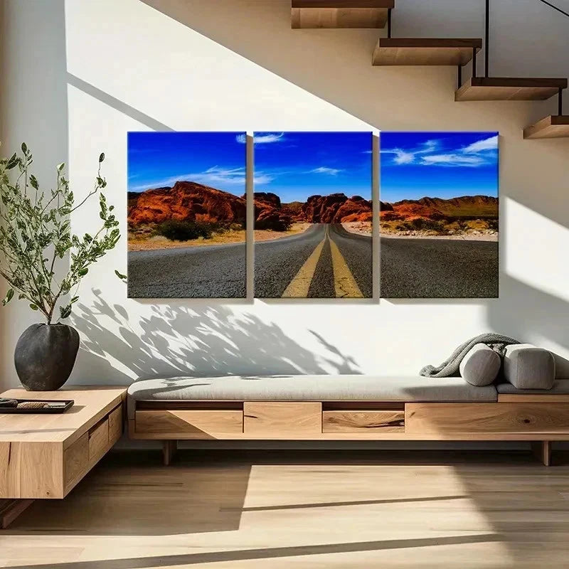 3pcs Road Sky Rocks and Mountain Wall Art Set Canvas Framed 40x60cm - High Quality Print 100% Australian Made Wall Canvas Ready to Hang