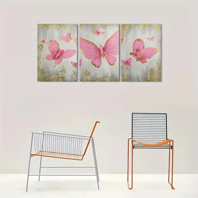 3pcs Pink Butterfly Golden Accents Metal Print Ready to Hang Art