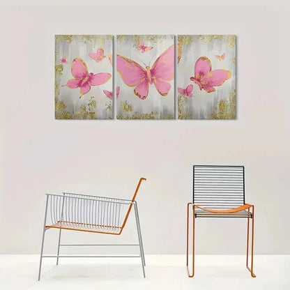 3pcs Pink Butterfly Golden Accents Metal Print Ready to Hang Art