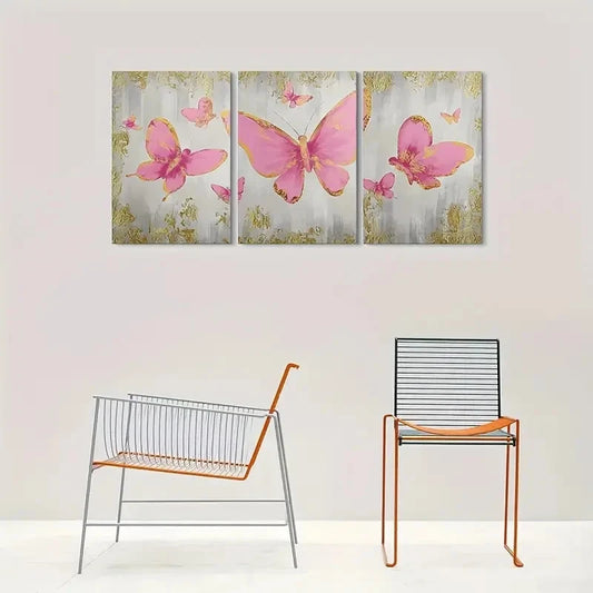 3pcs Pink Butterfly Golden Accents Metal Print Ready to Hang Art
