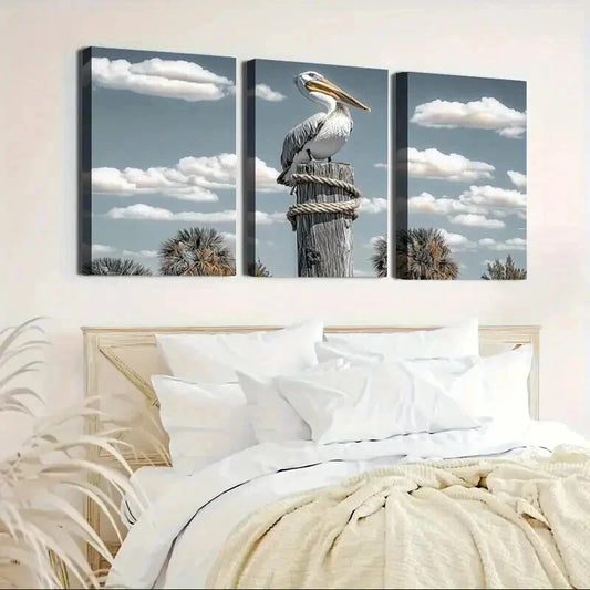 3pcs Pelican with Blue Sky & Palm Trees Wall Art Set Canvas Framed 40x60cm - High Quality Print 100% Australian Made Wall Canvas Ready to Hang